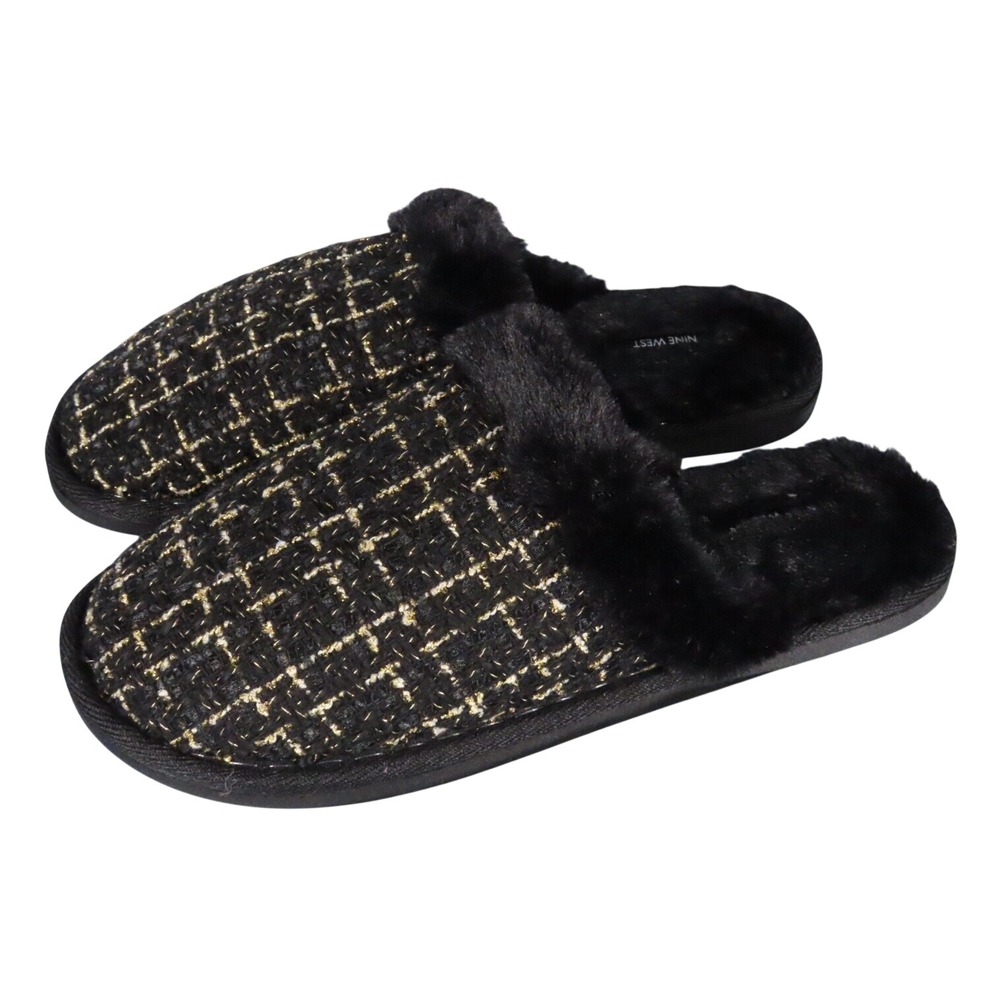 New NINE WEST SLIPPERS Black & Gold Tweed FAUX FUR TRIM & LINER 9-9.5-10 Large
